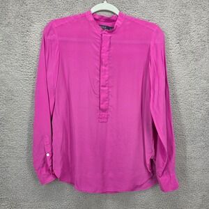 Polo Ralph Lauren Magenta Pink 100% Mulberry Silk Band Collar Tunic Blouse XS